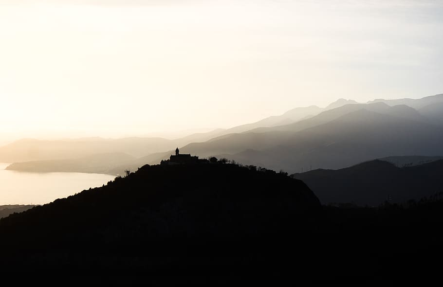 silhouette mountains, italy, genoa, sunset, sunrise, nature, ridge HD wallpaper