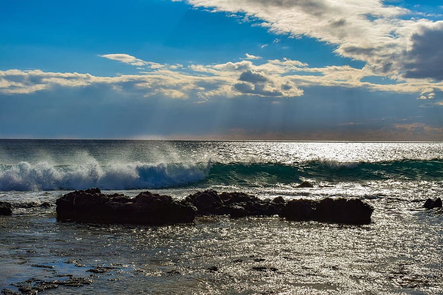 sea, sky, clouds, wave, nature, sunlight, sunbeam, afternoon HD wallpaper