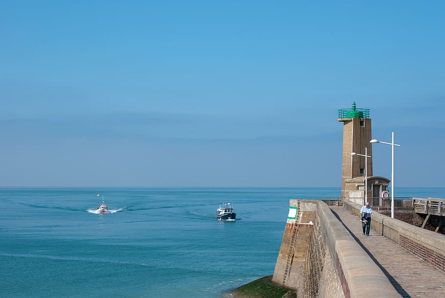 fécamp, normandy, sea, beach, lighthouse, wharf, boat, water HD wallpaper