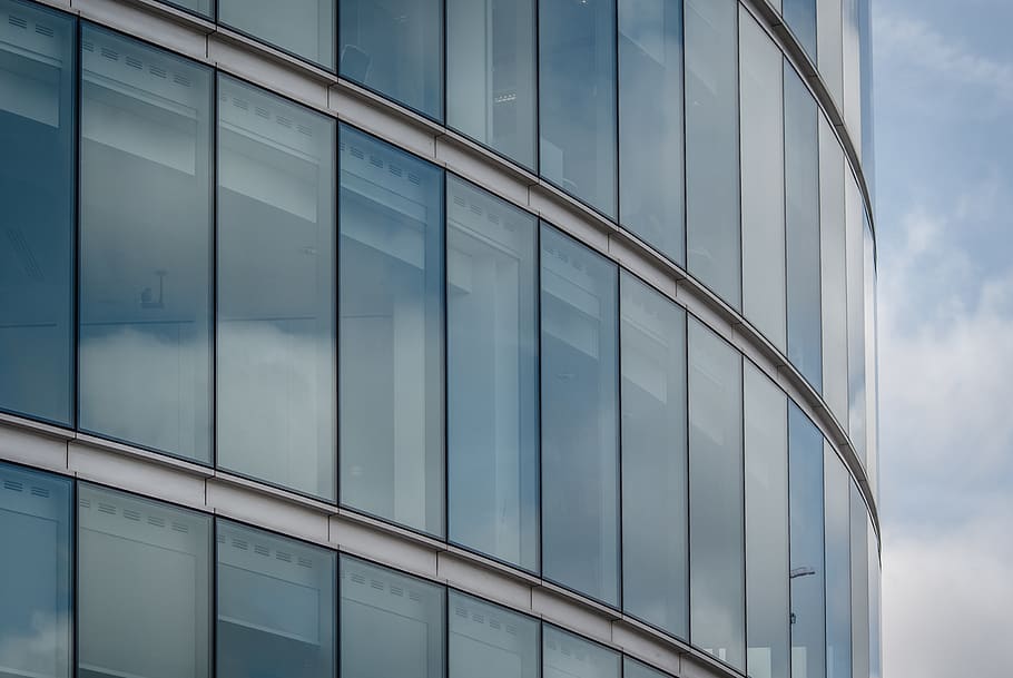Glass Building, architectural design, architecture, clouds, contemporary HD wallpaper