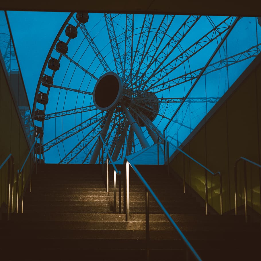 Empty Stairs Near Ferris Wheel, height, high, low angle shot