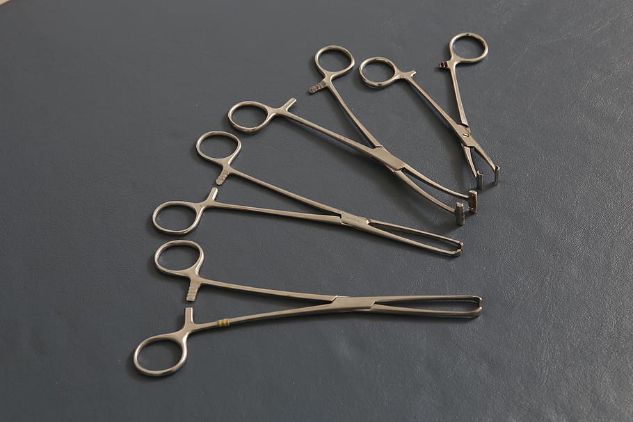 surgery, instruments, clamp, steel, studio shot, indoors, gray HD wallpaper