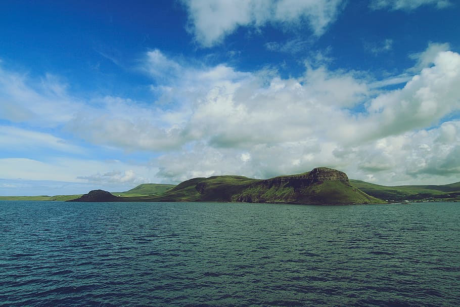 island under blue sky, water, nature, sea, ocean, outdoors, coast HD wallpaper