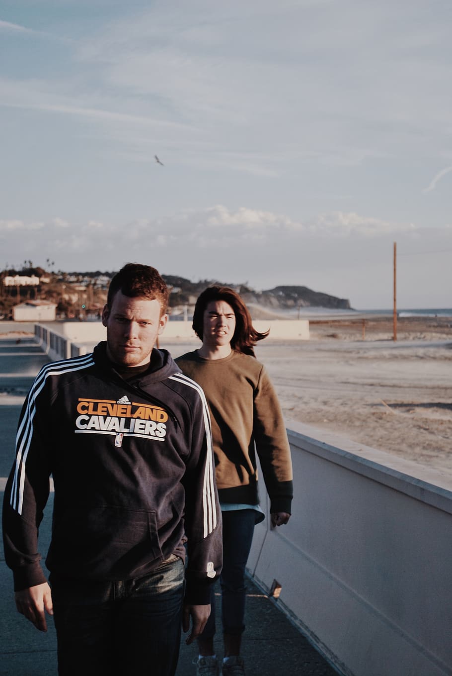 two men walking near seashroe, sky, real people, two people, young adult HD wallpaper