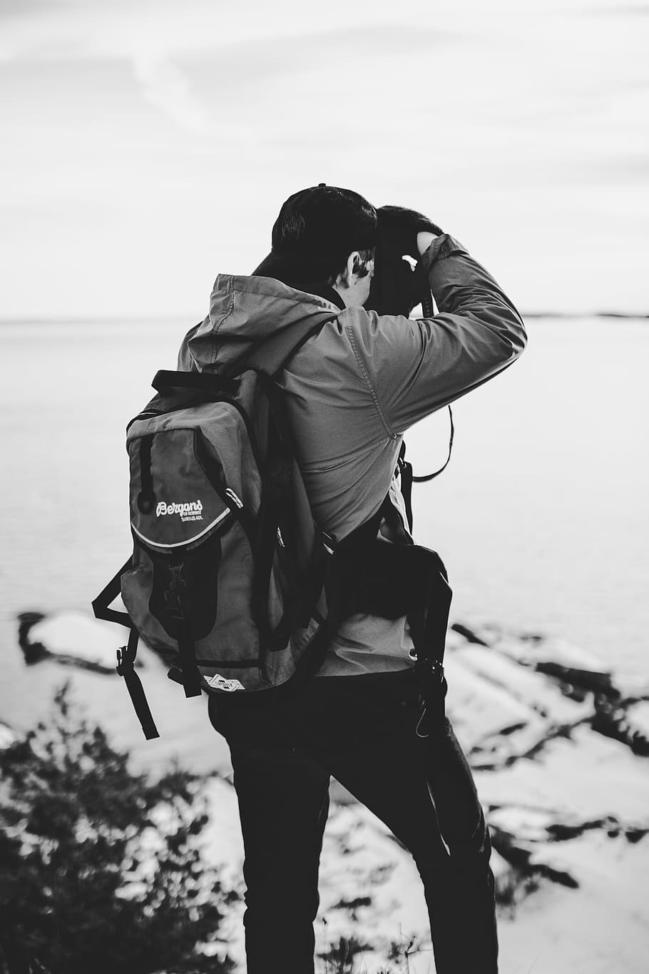 Grayscale Photography of Man Taking Photo, backpack, black and white HD wallpaper