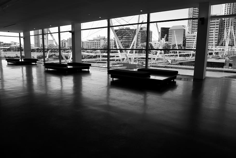 Three Couches in Hallway in Grayscale Photography, airport, architecture, HD wallpaper