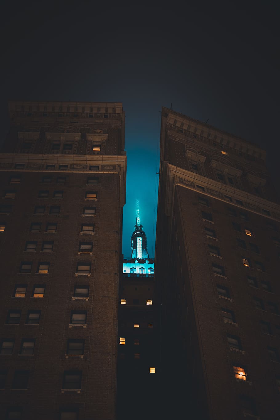 lighted tower between buildings, office building, architecture HD wallpaper