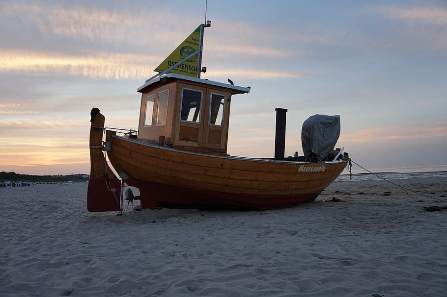beach, boat, ship, vacations, sunset, water, sky, nautical vessel HD wallpaper