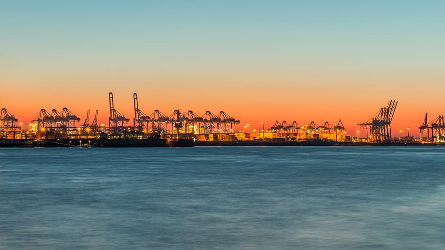 sunset, waters, sea, dawn, industry, hamburg, elbe, port, river HD wallpaper