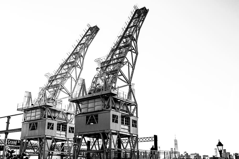 two gray tower cranes, architecture, sky, built structure, clear sky HD wallpaper