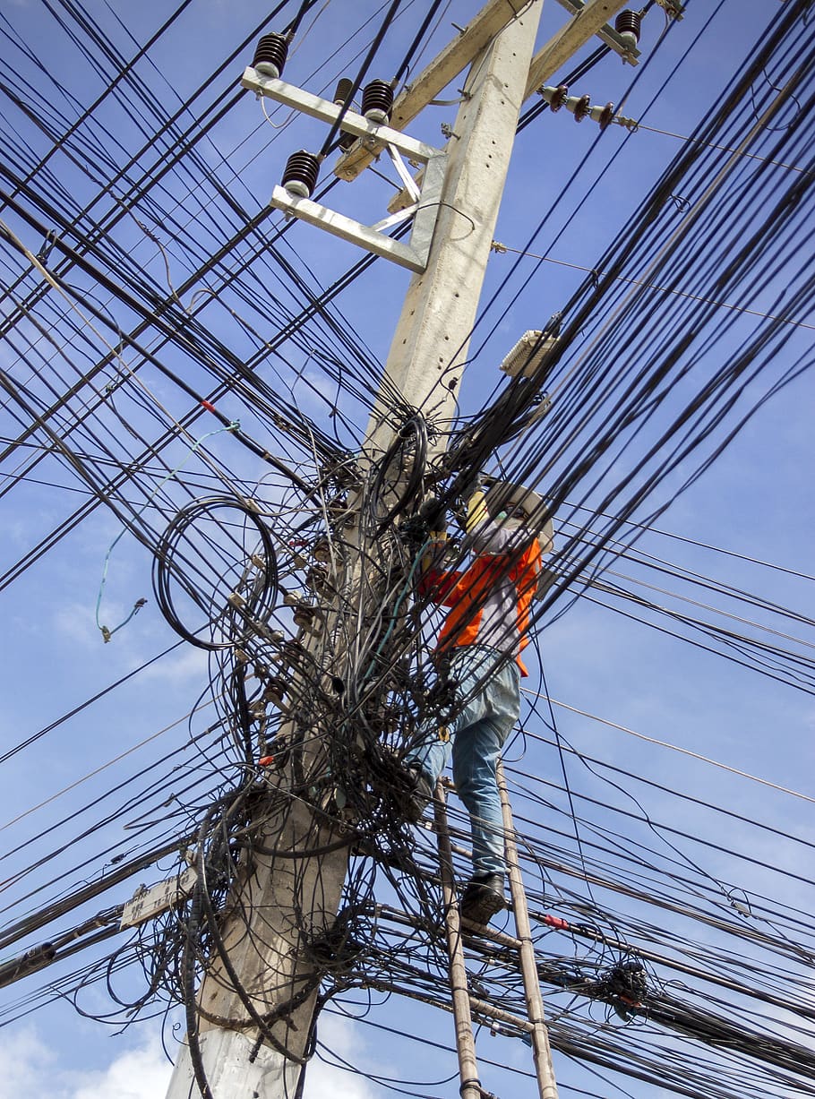 thailand, pole, communication, wire, network, line, mess, electric