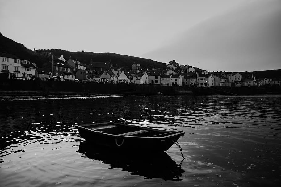 united kingdom, staithes, bay, boat, yorkshire, water, blackandwhite, HD wallpaper