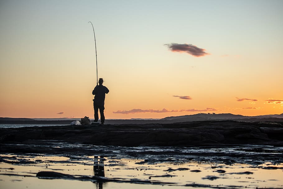 fishing, sunset, reflection, fisherman, sky, water, angler, HD wallpaper