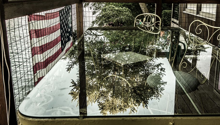 flag, trees, table, chairs, glass, reflection, no people, land vehicle HD wallpaper