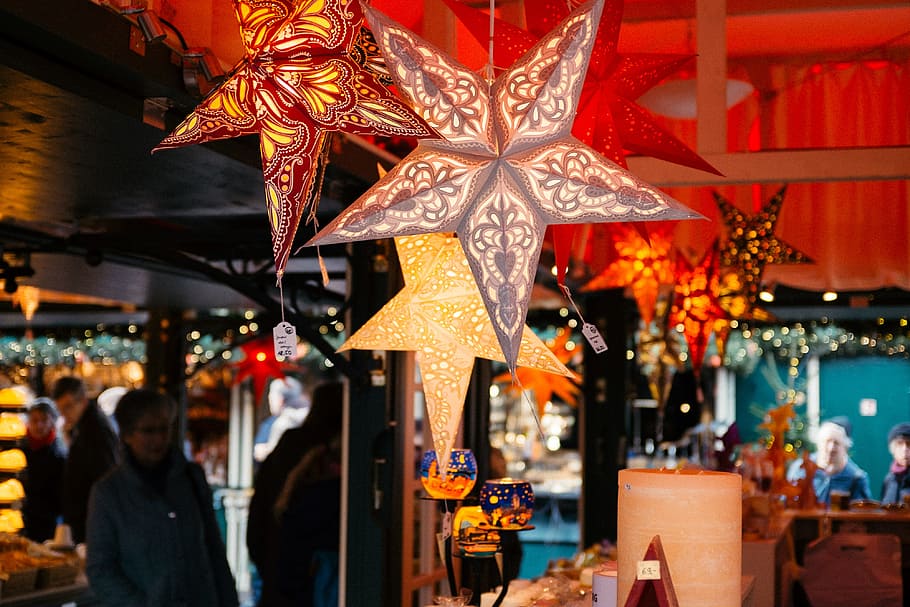Christmas stars at the market, advent, background, black, blue HD wallpaper