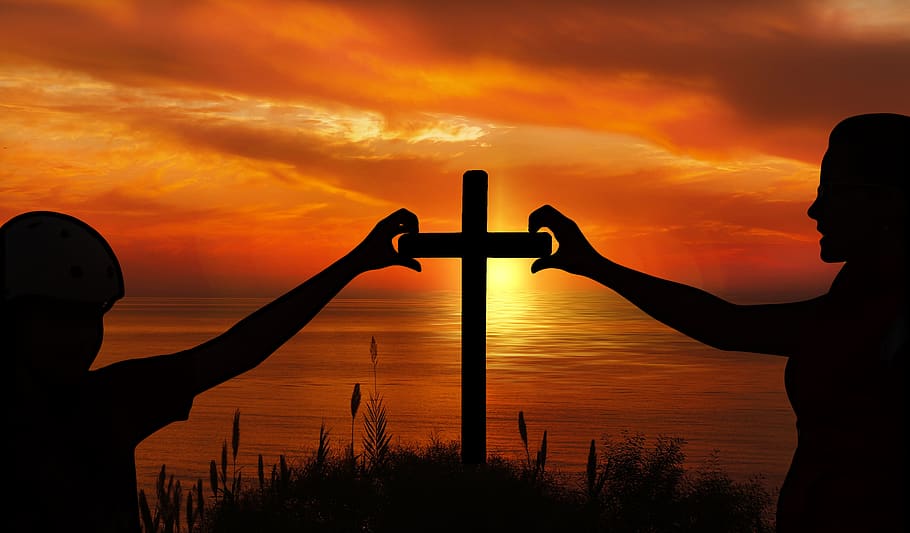 religion, faith, cross, church, mother, daughter, person, sunset