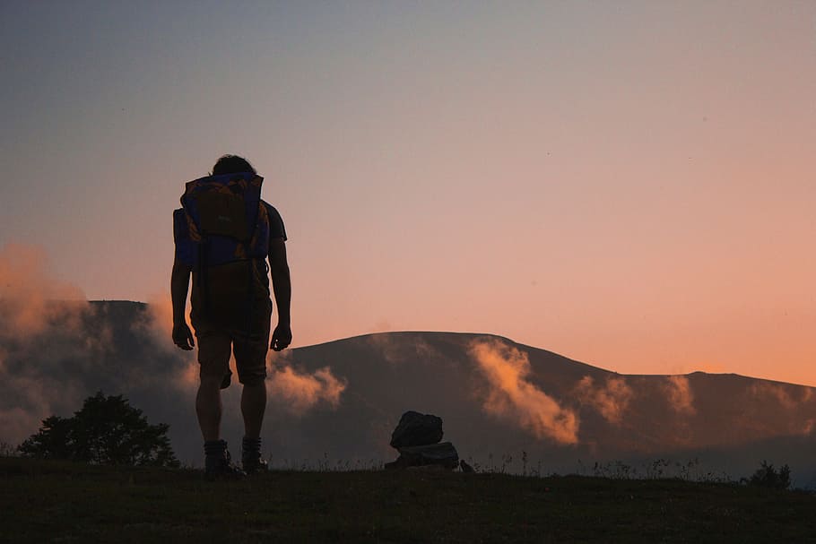 landscape, horizon, walking, mountain, sunrise, sunset, morning HD wallpaper