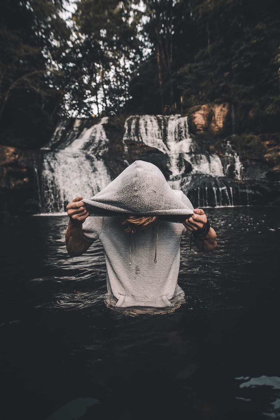 man in gray pullover hoodie in body of water, person, portrait, HD wallpaper