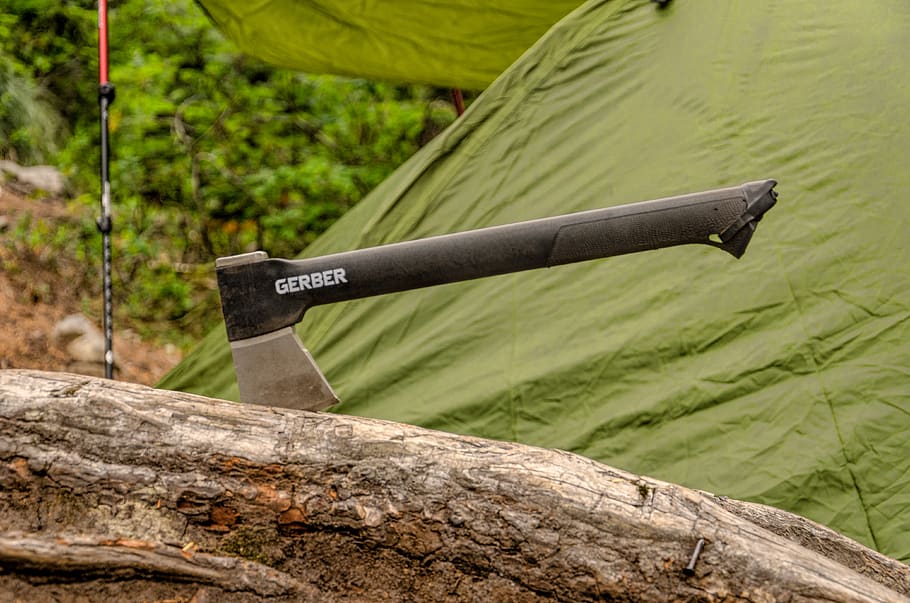 black Gerber axe, tool, outdoors, camping, gear, adventure, hiking, HD wallpaper