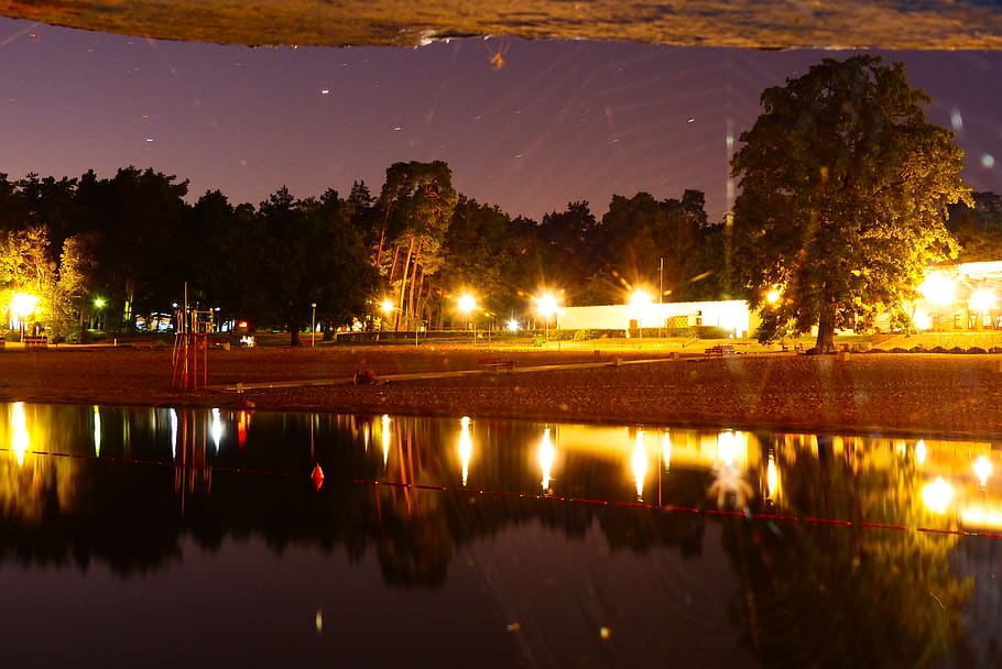 illuminated, water, reflection, night, tree, sky, no people HD wallpaper