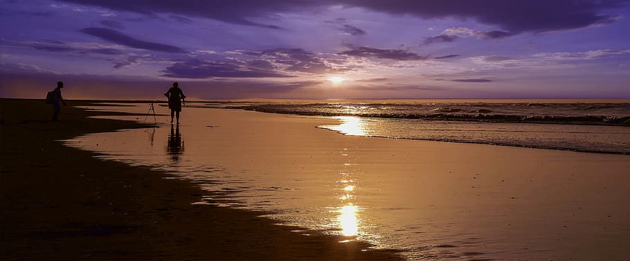 sunset, cloud, beach, sun light, sky, water, reflection, sea HD wallpaper