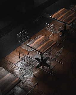 table with chairs placed on brown floor, wood, flooring, furniture HD wallpaper