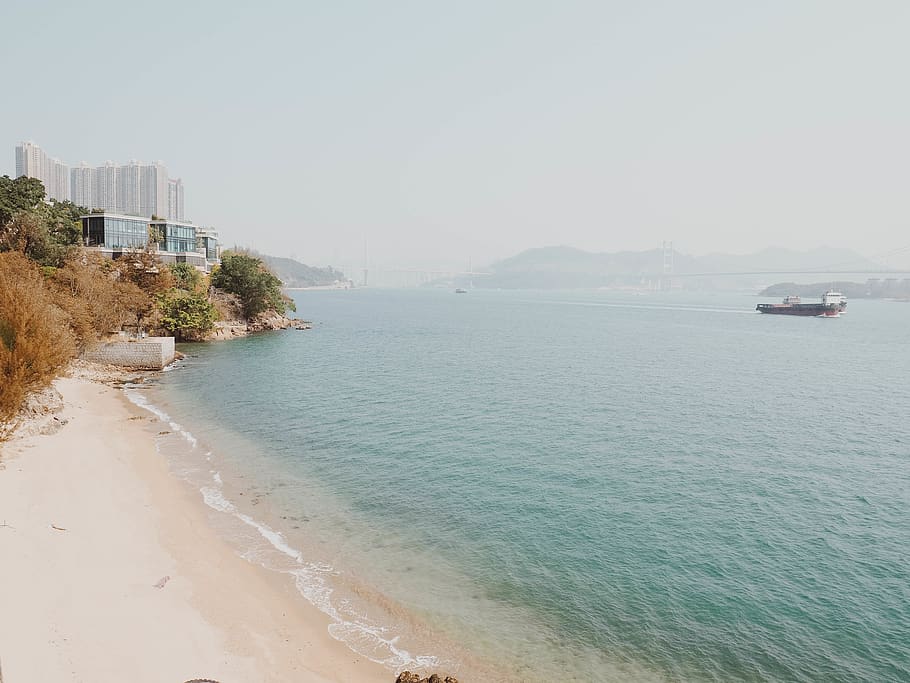 hong kong, ocean, tropical, waves, beach, city, skyscrapers HD wallpaper