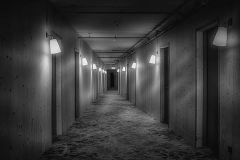 corridor, hotel, hallway, empty, black, white, soft, lights HD wallpaper