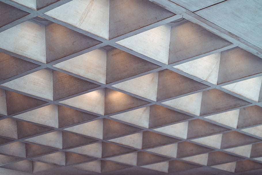gray wooden wall, ceiling, pattern, box, cube, repetition, art HD wallpaper