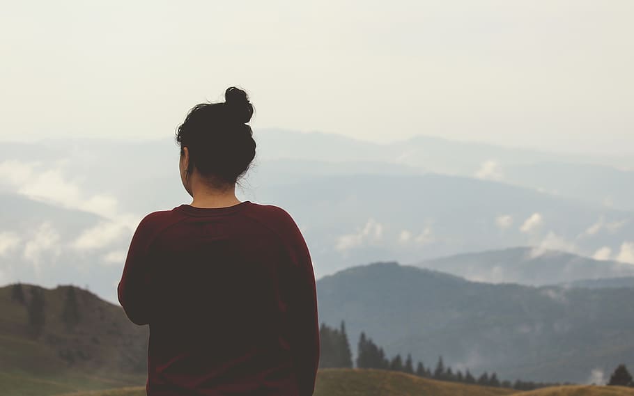 girl, looking, thinking, landscape, nature, mountains, valleys HD wallpaper