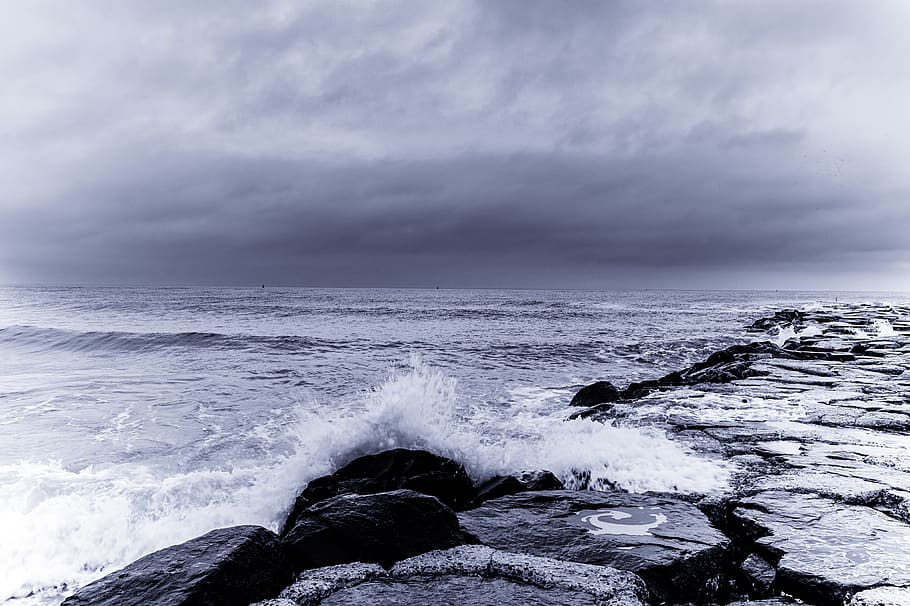 black and white, sea, water, wave, motion, sky, cloud - sky HD wallpaper
