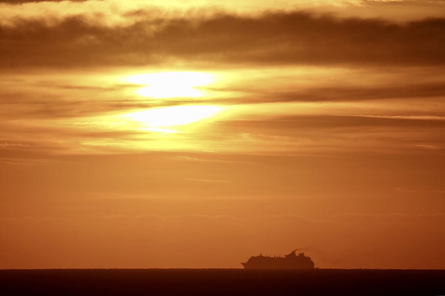 sunset, ship, sea, nature, mood, clouds, sky, cloud - sky, scenics - nature HD wallpaper