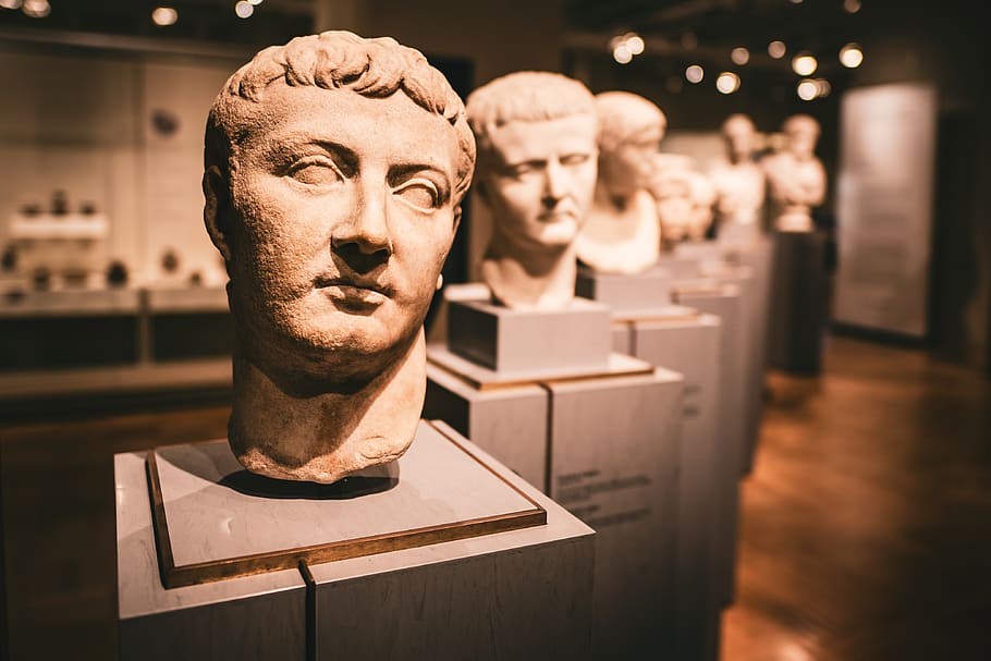 ancient people head bust on display, art and craft, sculpture HD wallpaper