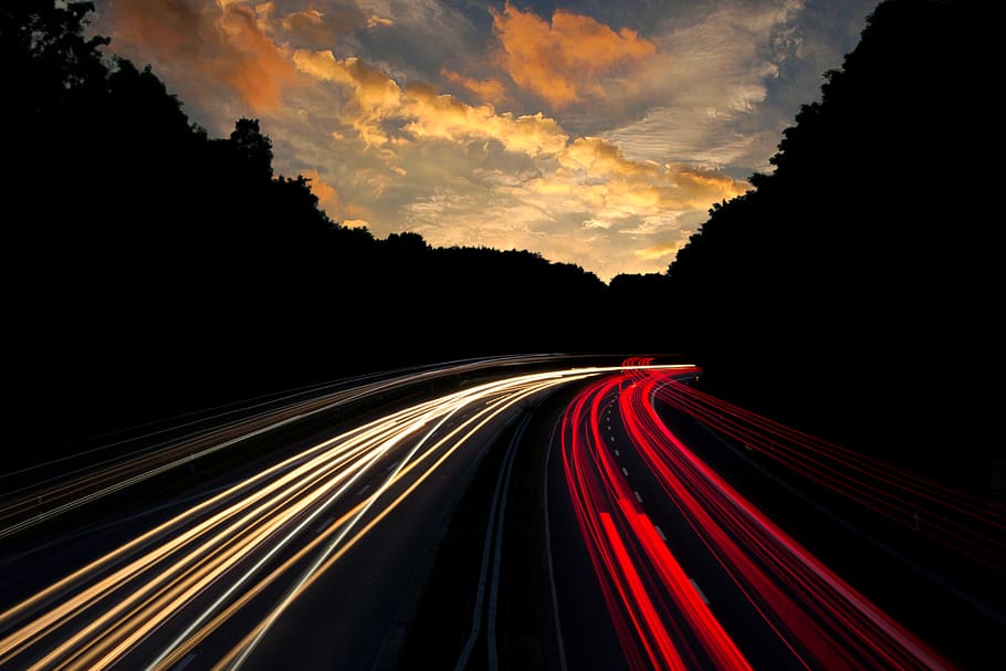 road, way, light, dark, nigh, trees, sky, cloud, silhouette HD wallpaper