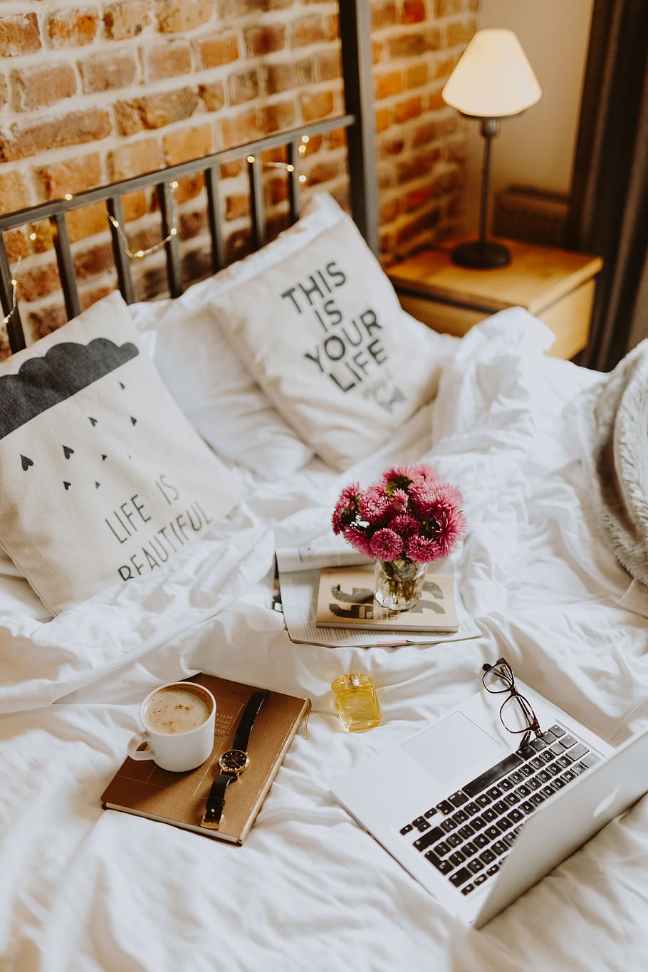 Morning coffee in bed. Working in bed, home office, bed office HD wallpaper