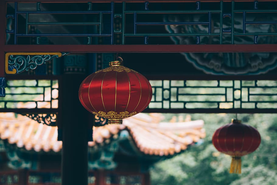 red and gold lantern decor, lighting equipment, hanging, built structure HD wallpaper