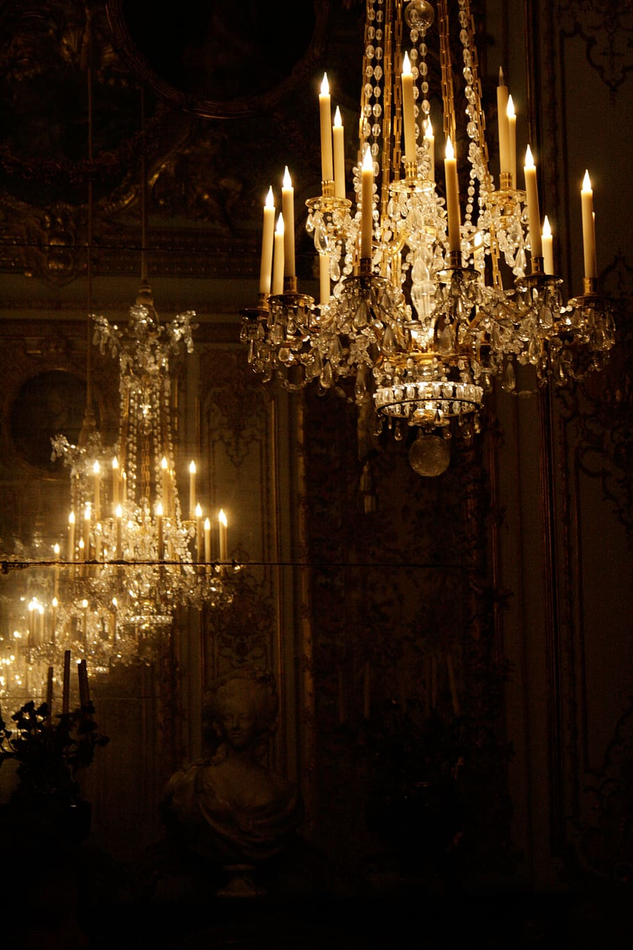france, versailles, palace, mirror, night, chandelier, light