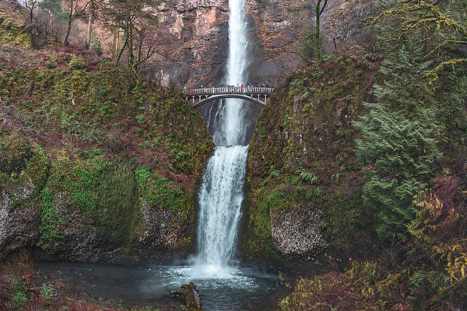 gray bridge over waterfalls, nature, river, outdoors, building HD wallpaper
