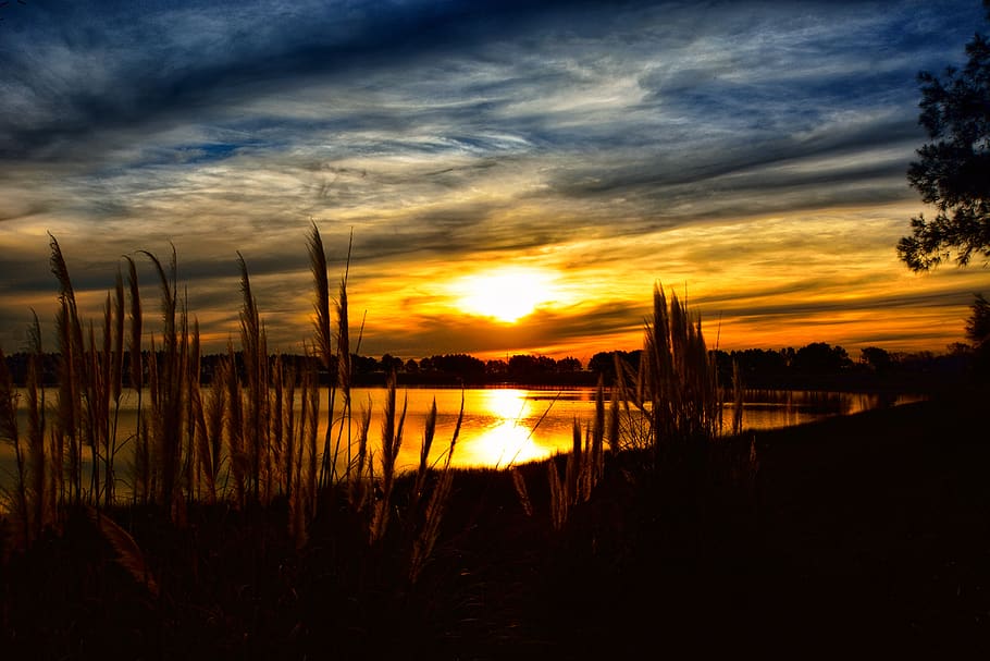 sunset, landscape, laguna, sky, nature, clouds, atmosphere HD wallpaper