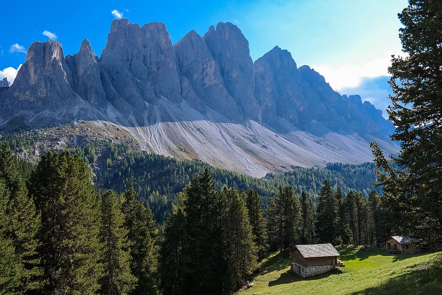 alpine, dolomites, geisler acute, mountains, alm, alpine hut, HD wallpaper