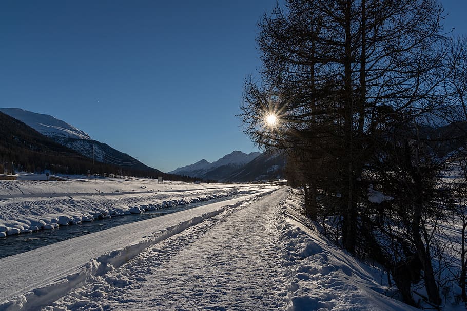 snow, away, sun, light, mood, engadin, wintry, landscape, cold HD wallpaper