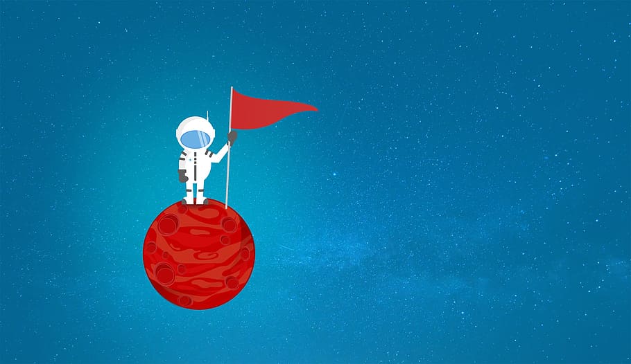 Cartoon Astronaut on a Planet Holding a Flag - With Copyspace