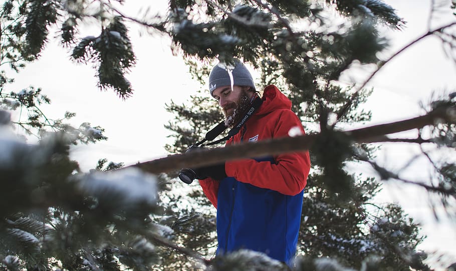 Man in Red and Blue Jacket Near Trees, branches, cold, daytime HD wallpaper