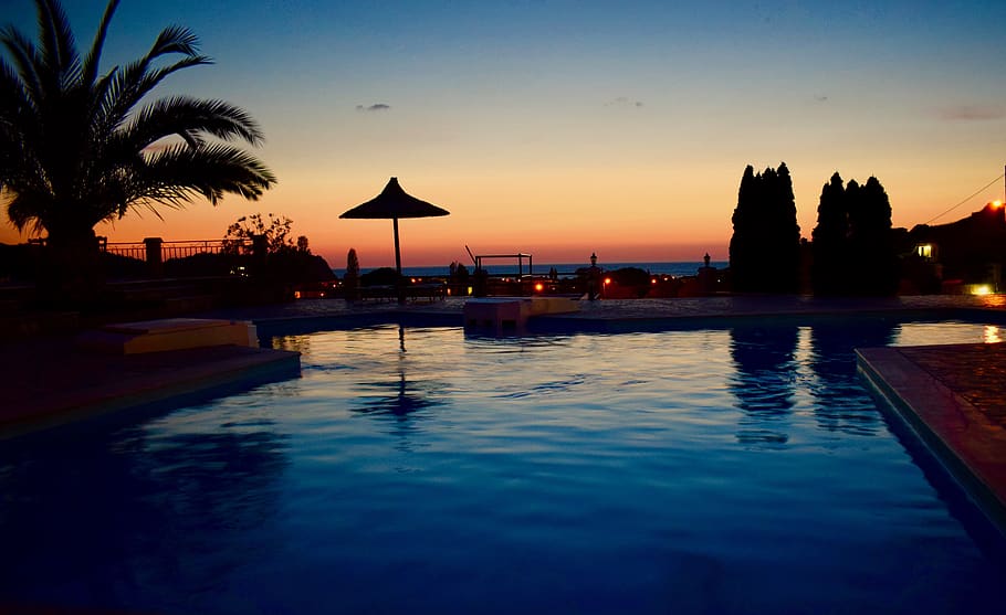sunset, summer, lesbos, pool, sky, water, swimming pool, tree HD wallpaper
