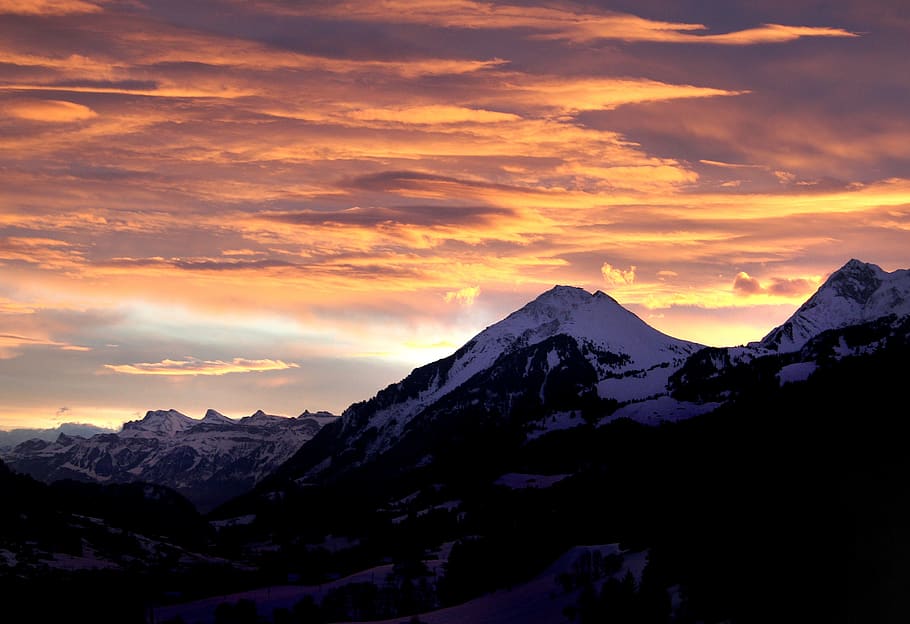 Snow Mountain Under Orange Skies, clouds, cold, dawn, landscape HD wallpaper