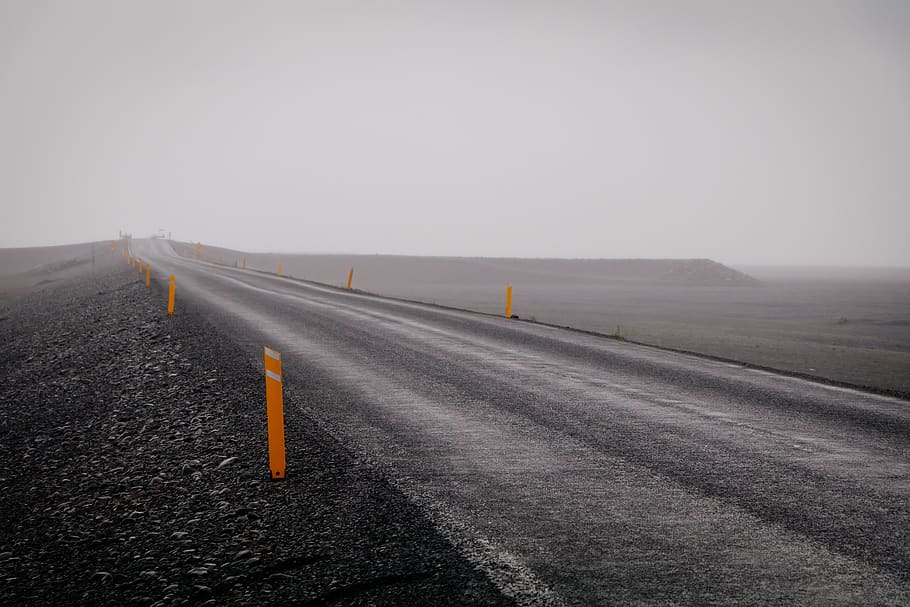 road, gray, trip, tour, mist, iceland, asphalt, rock, transportation HD wallpaper