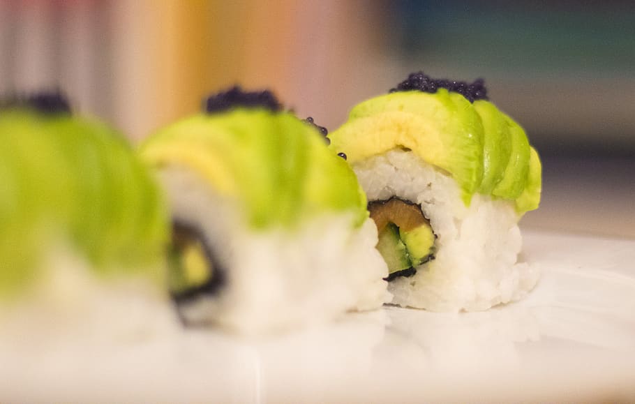 sushi, rice, avocado, fish, sushiroll, healthy eating, food HD wallpaper