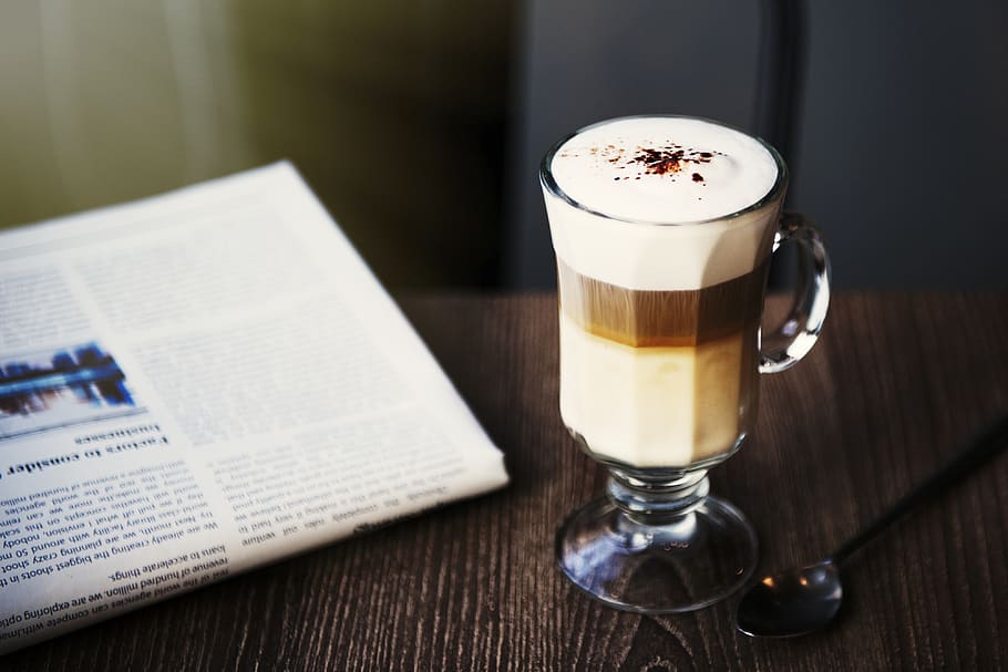 Beverage in Clear Glass Mug Near Newspaper on Table, break, caffeine HD wallpaper