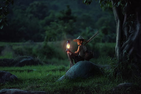 young, boy, lamp, night, field, asia, farmer, green, nature HD wallpaper