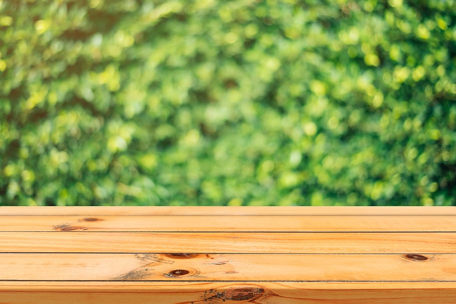 Brown Wooden Bench, backdrop, blur, design, fresh, garden, green, HD wallpaper
